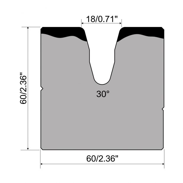 1-V Matrize R1  Serie A mit Arbeitshöhe=60mm, α=30°, Radius=3mm, Material=C45, Max. Presskraft=800kN/m.