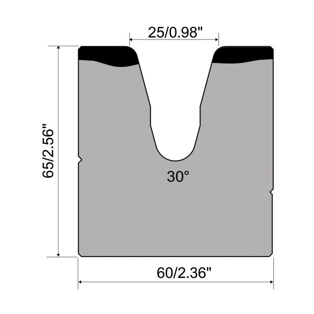 1-V Matrize R1  Serie A mit Arbeitshöhe=65mm, α=30°, Radius=4mm, Material=C45, Max. Presskraft=600kN/m.