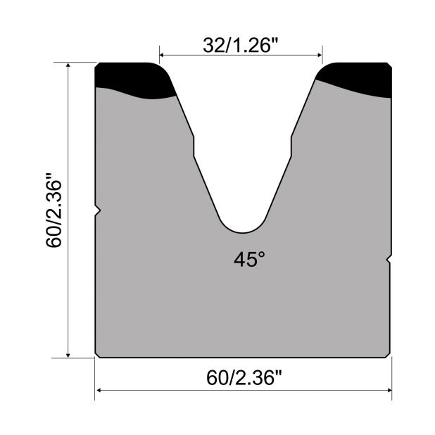 1-V Matrize R1  Serie A mit Arbeitshöhe=60mm, α=45°, Radius=5mm, Material=C45, Max. Presskraft=400kN/m.