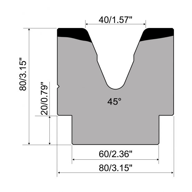 1-V Matrize R1  Serie A mit Arbeitshöhe=80mm, α=45°, Radius=5mm, Material=C45, Max. Presskraft=700kN/m.