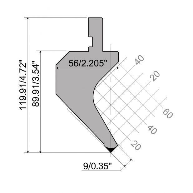 Oberwerkzeug R1  Serie A mit Arbeitshöhe=89,91mm, α=90°, Radius=0,2mm, Material=42Cr, Max. Presskraft=700kN