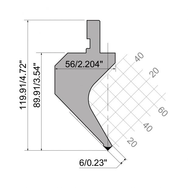 Oberwerkzeug R1  Serie A mit Arbeitshöhe=89,91mm, α=88°, Radius=0,2mm, Material=42Cr, Max. Presskraft=500kN