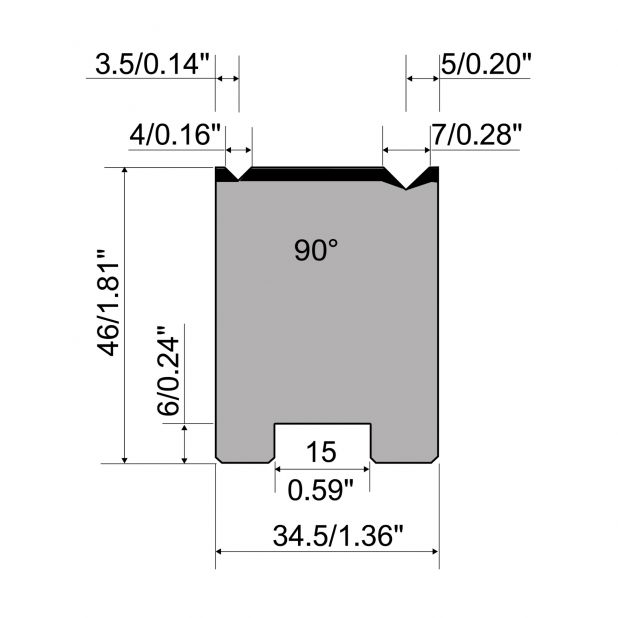 Zentrische 2-V Matrize R1 mit Höhe=46mm, α=90°, Radius=0.3/0.5mm, Material=C45, Max. Presskraft=800kN/m.