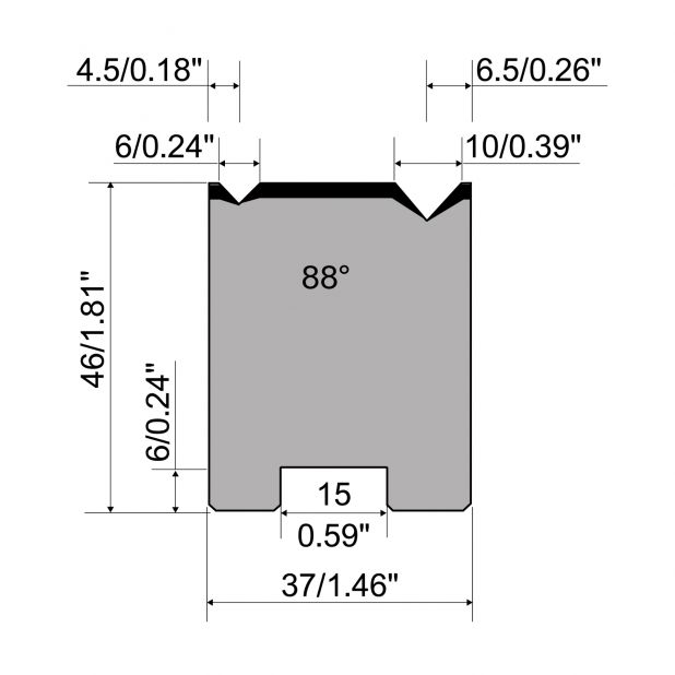 Zentrische 2-V Matrize R1 mit Höhe=46mm, α=88°, Radius=0.4/0.6mm, Material=C45, Max. Presskraft=800kN/m.