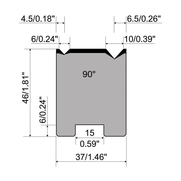 Zentrische 2-V Matrize R1 mit Höhe=46mm, α=90°, Radius=0.4/0.6mm, Material=C45, Max. Presskraft=800kN/m.