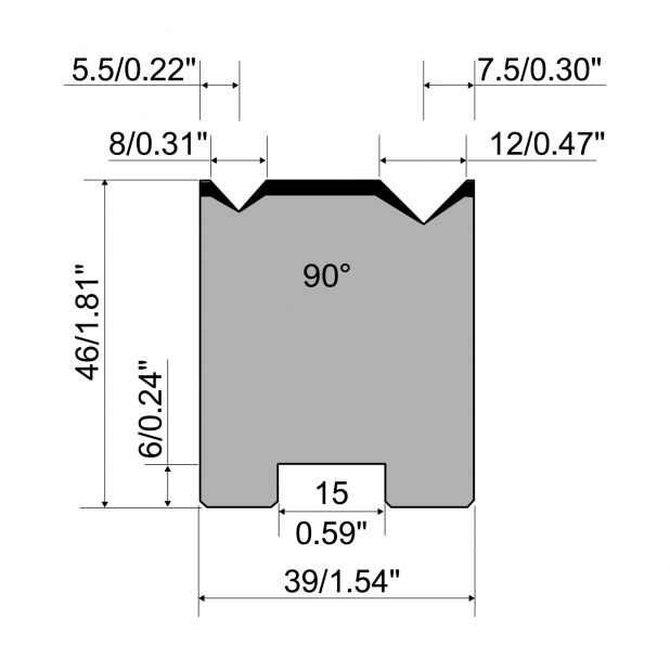 Zentrische 2-V Matrize R1 mit Höhe=46mm, α=90°, Radius=0.5/0.8mm, Material=C45, Max. Presskraft=800kN/m.