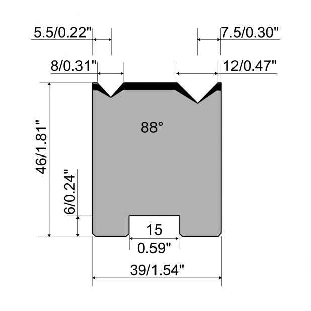 Zentrische 2-V Matrize R1 mit Höhe=46mm, α=88°, Radius=0.5/0.8mm, Material=C45, Max. Presskraft=800kN/m.