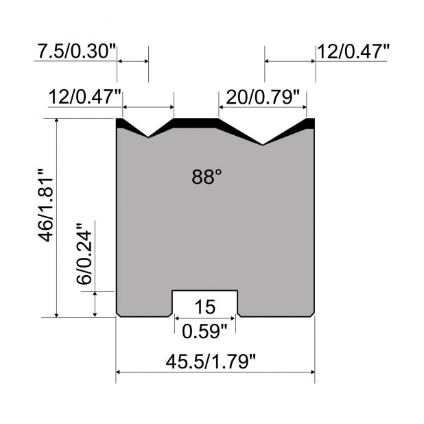 Zentrische 2-V Matrize R1 mit Höhe=46mm, α=88°, Radius=0.8/1.75mm, Material=C45, Max. Presskraft=800kN/m.