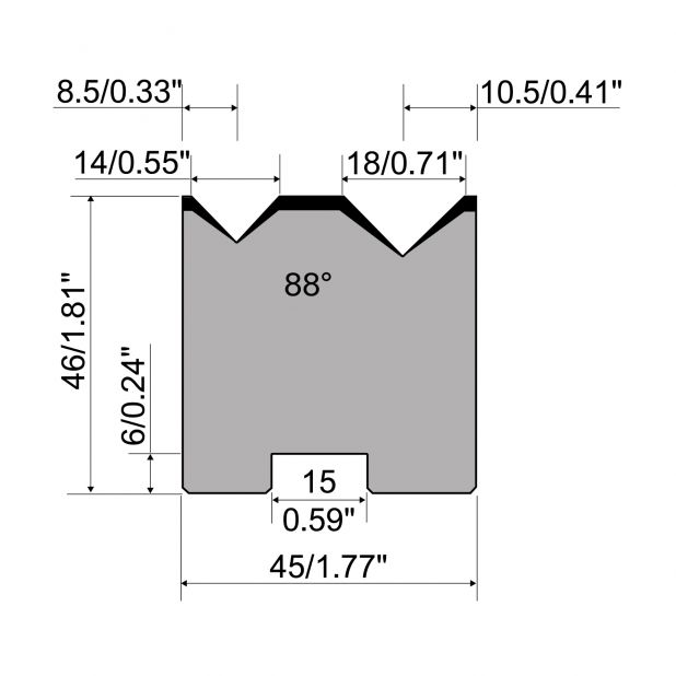 Zentrische 2-V Matrize R1 mit Höhe=46mm, α=88°, Radius=1.25/1.5mm, Material=C45, Max. Presskraft=800kN/m.