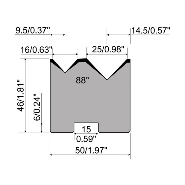 Zentrische 2-V Matrize R1 mit Höhe=46mm, α=88°, Radius=1.5/1.75mm, Material=C45, Max. Presskraft=800kN/m.