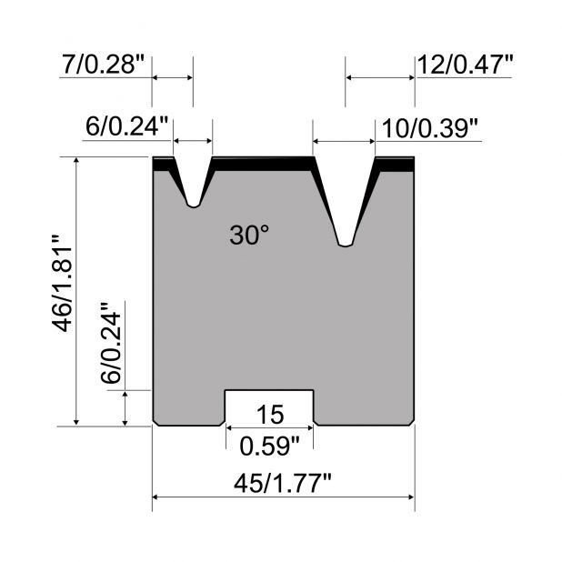 Zentrische 2-V Matrize R1 mit Höhe=46mm, α=30°, Radius=0.6/1mm, Material=C45, Max. Presskraft=400kN/m.