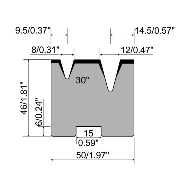 Zentrische 2-V Matrize R1 mit Höhe=46mm, α=30°, Radius=0.8/1.5mm, Material=C45, Max. Presskraft=400kN/m.