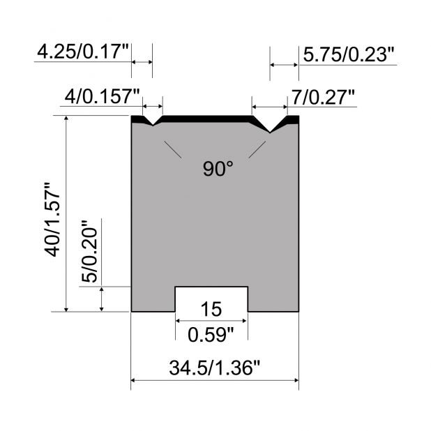 Zentrische 2-V Matrize R1  Serie A mit Arbeitshöhe=40mm, α=90°, Radius=0,4mm, Material=C45, Max. Presskraft