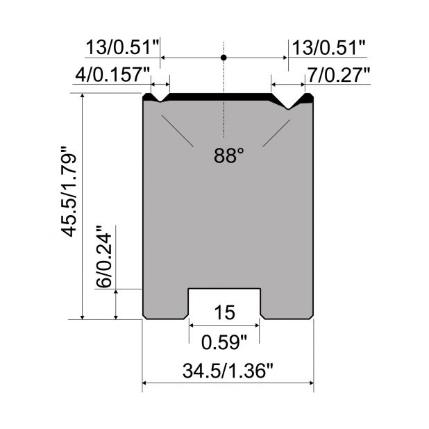 Zentrische 2-V Matrize R1  Serie A mit Arbeitshöhe=45,5mm, α=88°, Radius=0,4mm, Material=C45, Max. Pressk