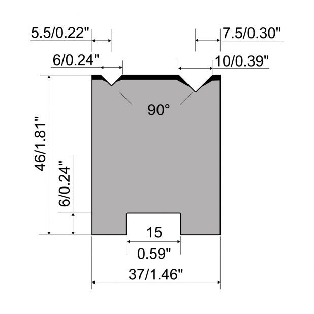 Zentrische 2-V Matrize R1  Serie A mit Arbeitshöhe=46mm, α=90°, Radius=0.4/0.6mm, Material=C45, Max. Pressk