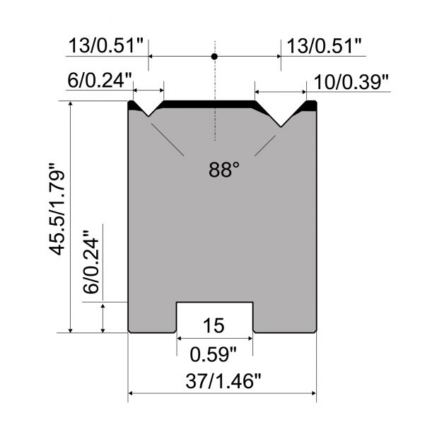 Zentrische 2-V Matrize R1  Serie A mit Arbeitshöhe=45,5mm, α=88°, Radius=0.4/0.6mm, Material=C45, Max. Pres