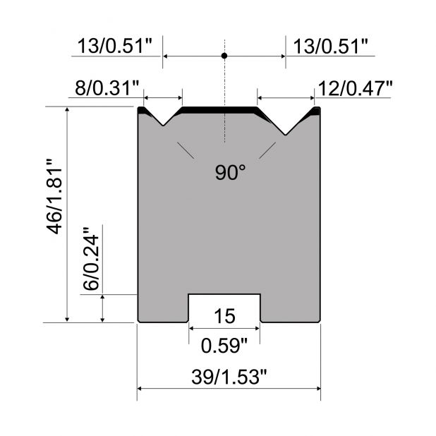 Zentrische 2-V Matrize R1  Serie A mit Arbeitshöhe=46mm, α=90°, Radius=0.5/0.8mm, Material=C45, Max. Pressk