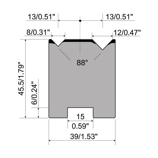 Zentrische 2-V Matrize R1  Serie A mit Arbeitshöhe=45,5mm, α=88°, Radius=0.5/0.8mm, Material=C45, Max. Pres