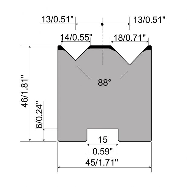 Zentrische 2-V Matrize R1  Serie A mit Arbeitshöhe=46mm, α=88°, Radius=0,5mm, Material=C45, Max. Presskraft