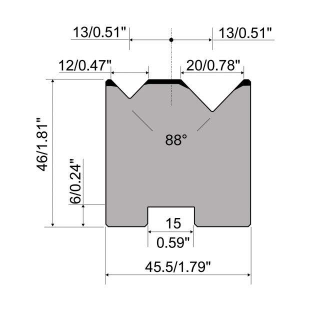 Zentrische 2-V Matrize R1  Serie A mit Arbeitshöhe=46mm, α=88°, Radius=0,5mm, Material=C45, Max. Presskraft