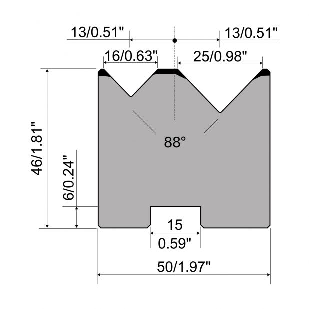 Zentrische 2-V Matrize R1  Serie A mit Arbeitshöhe=46mm, α=88°, Radius=0,8mm, Material=C45, Max. Presskraft