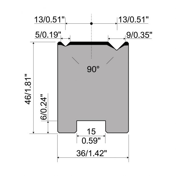 Zentrische 2-V Matrize R1  Serie A mit Arbeitshöhe=46mm, α=90°, Radius=0.4/0.6mm, Material=C45, Max. Pressk