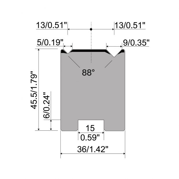 Zentrische 2-V Matrize R1  Serie A mit Arbeitshöhe=45,5mm, α=88°, Radius=0.4/0.6mm, Material=C45, Max. Pres