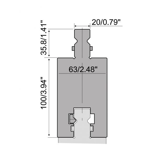 Oberwerkzeugadapter Typ R2 mit Arbeitshöhe=100mm, Material=42CrMo4, Max. Presskraft=1500kN/m.