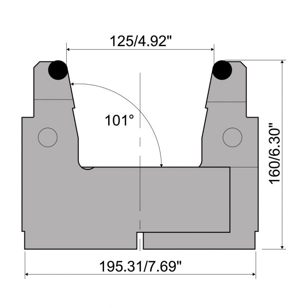 Verstellbare Matrize mit V=25mm bis V=125mm Radius=8mm, max. Tragkraft 1250kN/m bei 90°