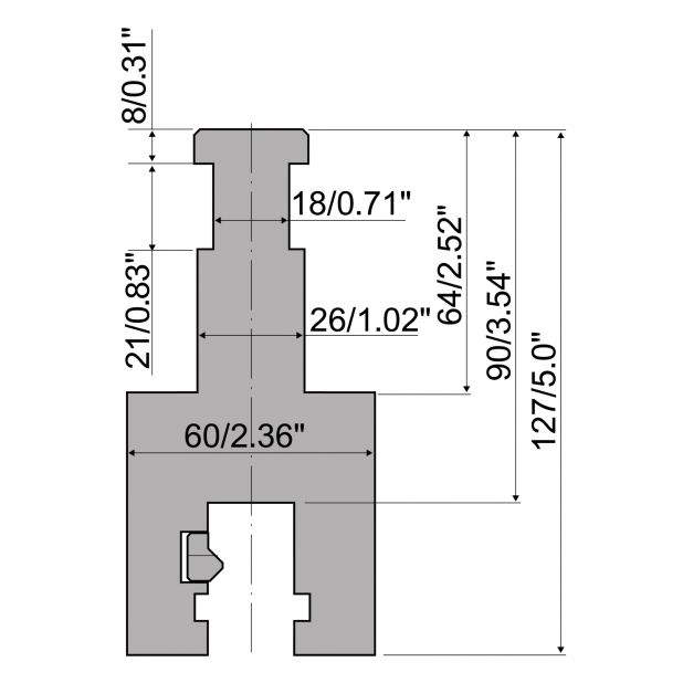 Oberwerkzeugadapter Typ RX EHT mit Arbeitshöhe=65mm, Material=C45, Max. Presskraft=1000kN/m.