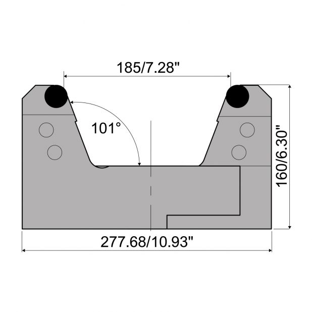 Verstellbare Matrize mit V=65mm bis V=185mm Radius=12.5mm, max. Tragkraft 2000kN/m bei 90°