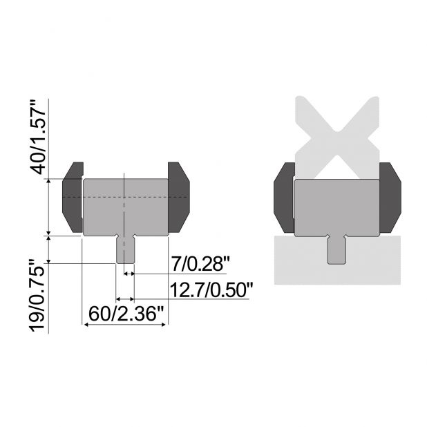 Matrizenadapter Material= C45. Max. Presskraft=1000kN/m. Ideal für Matrizen mit 60 mm Basis auf Abkantbank mi