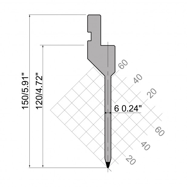Oberwerkzeug R1  Serie AFH mit Arbeitshöhe=120mm, α=30°, Radius=0,8mm, Material=42Cr, Max. Presskraft=500kN