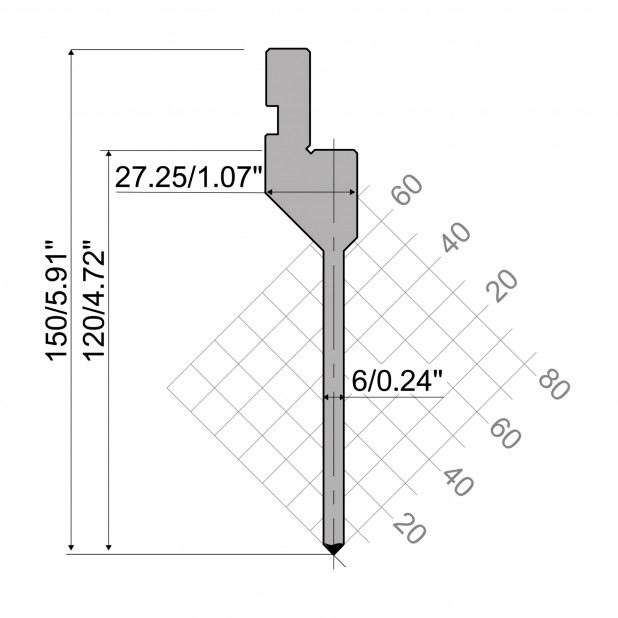 Oberwerkzeug R1 Serie CFH mit Arbeitshöhe =120mm, α=88°, Radius =0,25mm, Material=42Cr, Max. Presskraft =50