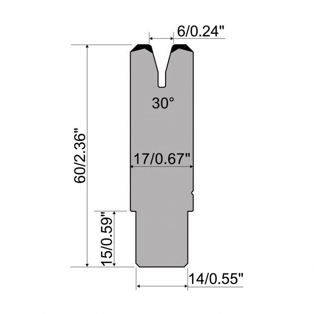 Matrize R1 Serie CFH mit Arbeitshöhe=60mm, α=30°, Radius=1mm, Material=42cr, Max. Presskraft=200kN/m.