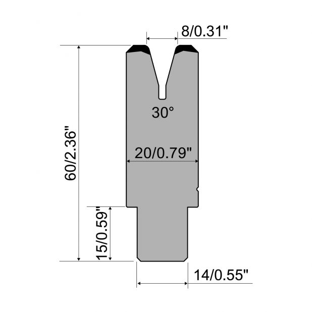Matrize R1 Serie CFH mit Arbeitshöhe=60mm, α=30°, Radius=1,5mm, Material=42cr, Max. Presskraft=200kN/m.