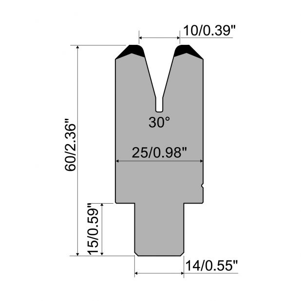 Matrize R1 Serie CFH mit Arbeitshöhe=60mm, α=30°, Radius=2mm, Material=42cr, Max. Presskraft=200kN/m.