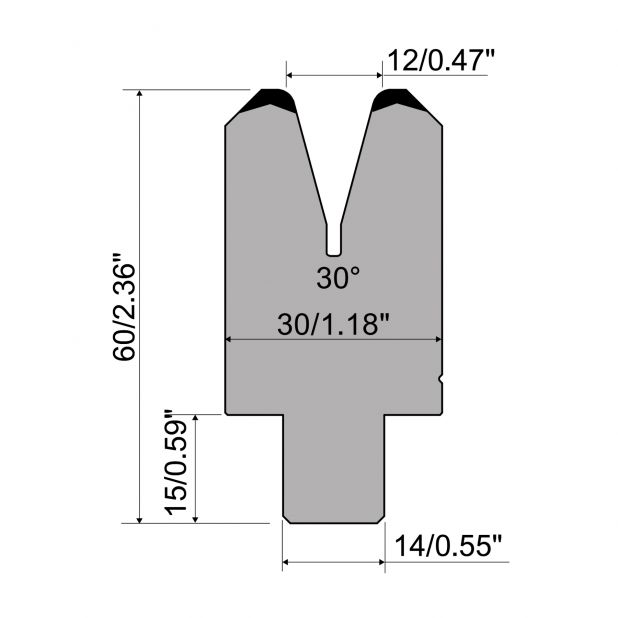 Matrize R1 Serie CFH mit Arbeitshöhe=60mm, α=30°, Radius=2,5mm, Material=42cr, Max. Presskraft=200kN/m.