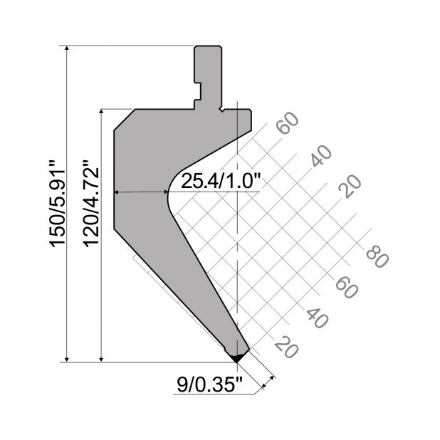 Oberwerkzeug Goosneck R1 Serie CFH mit Arbeitshöhe =120mm, α=86°, Radius =0,2mm, Material=42Cr, Max. Pressk