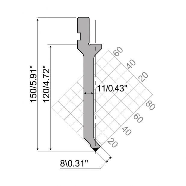 Oberwerkzeug Sash R1 Serie CFH mit Arbeitshöhe =120mm, α=86°, Radius =0,65mm, Material=42Cr, Max. Presskraf