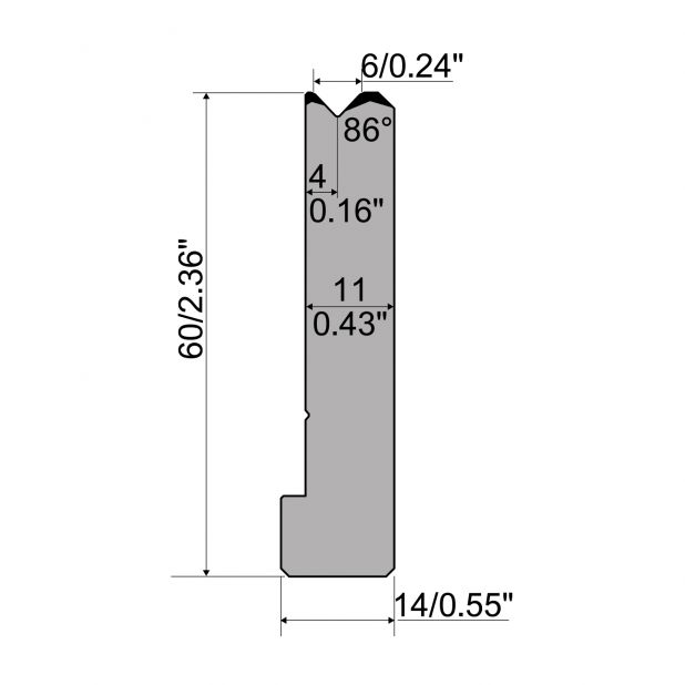 Matrize R1 Serie CFH mit Arbeitshöhe=60mm, α=86°, Radius=1,5mm, Material=42cr, Max. Presskraft=800kN/m.