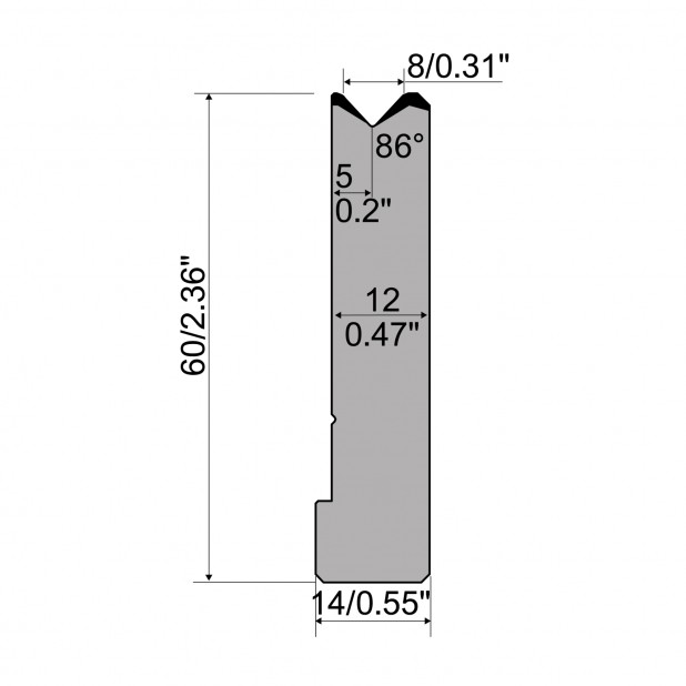 Matrize R1 Serie CFH mit Arbeitshöhe=60mm, α=86°, Radius=1,5mm, Material=42cr, Max. Presskraft=900kN/m.