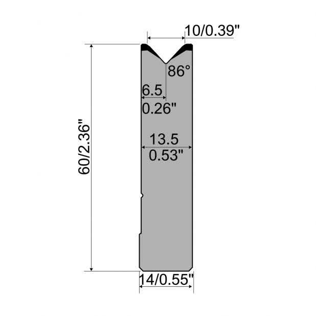 Matrize R1 Serie CFH mit Arbeitshöhe=60mm, α=86°, Radius=2mm, Material=42cr, Max. Presskraft=1000kN/m.