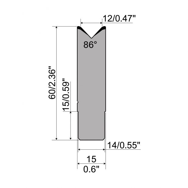 Matrize R1 Serie CFH mit Arbeitshöhe=60mm, α=86°, Radius=2,5mm, Material=42cr, Max. Presskraft=650kN/m.