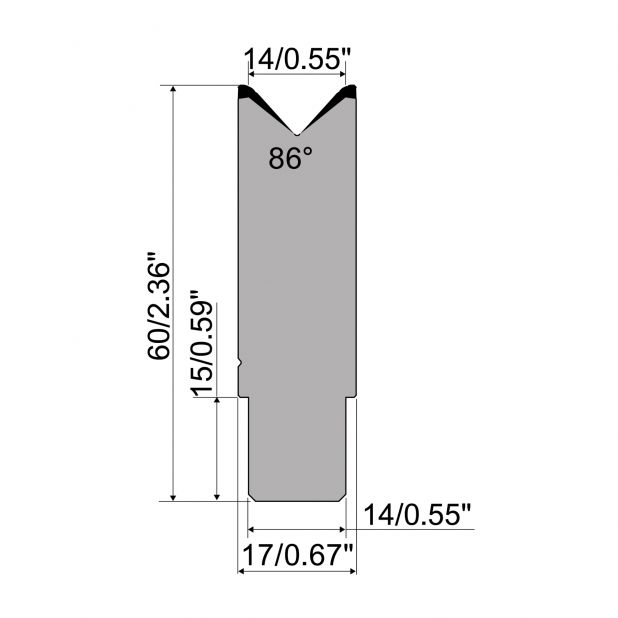 Matrize R1 Serie CFH mit Arbeitshöhe=60mm, α=86°, Radius=2,5mm, Material=42cr, Max. Presskraft=1000kN/m.