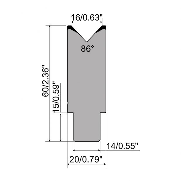 Matrize R1 Serie CFH mit Arbeitshöhe=60mm, α=86°, Radius=2,5mm, Material=42cr, Max. Presskraft=1000kN/m.