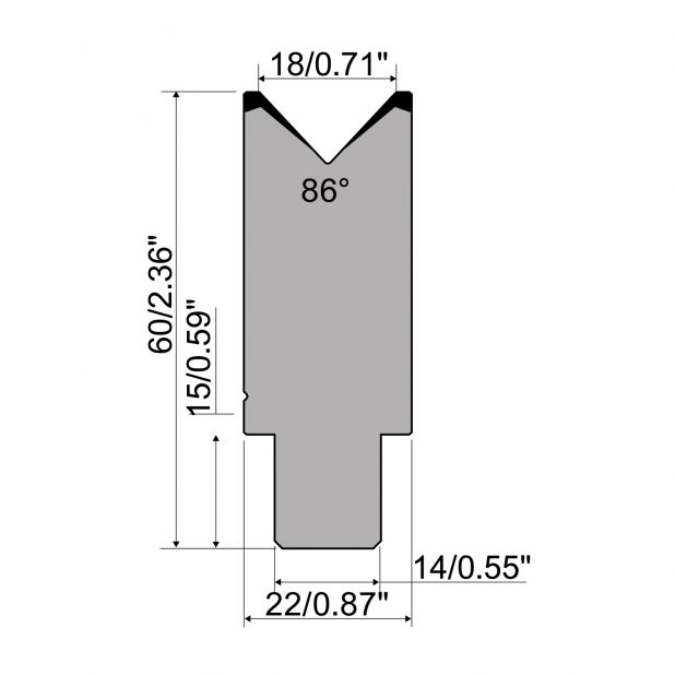 Matrize R1 Serie CFH mit Arbeitshöhe=60mm, α=86°, Radius=2,5mm, Material=42cr, Max. Presskraft=1000kN/m.