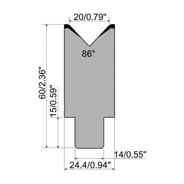 Matrize R1 Serie CFH mit Arbeitshöhe=60mm, α=86°, Radius=3mm, Material=42cr, Max. Presskraft=1000kN/m.