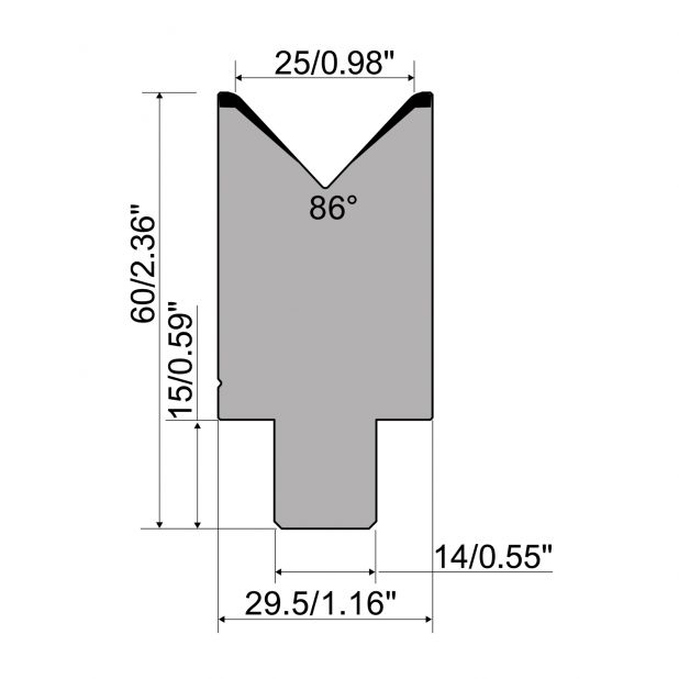 Matrize R1 Serie CFH mit Arbeitshöhe=60mm, α=86°, Radius=3mm, Material=42cr, Max. Presskraft=1000kN/m.