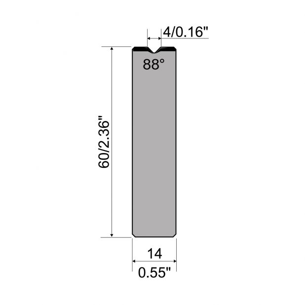 Zentrische 1-V Matrize R1 mit Höhe=60mm, α=88°, Radius=0,6mm, Material=C45, Max. Presskraft=1000kN/m.